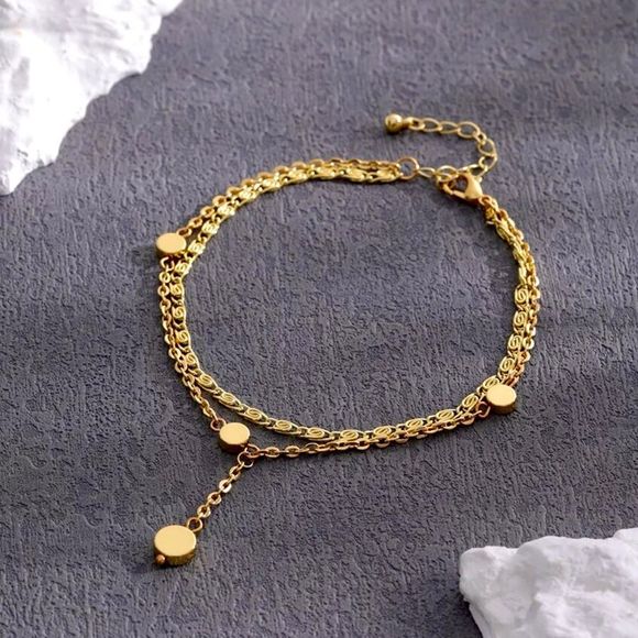 GOLD TONE SEXY DAINTY DOUBLE CHAIN CHAIN ANKLE BRACELET SUMMER  DISC DETAIL - Picture 2 of 2